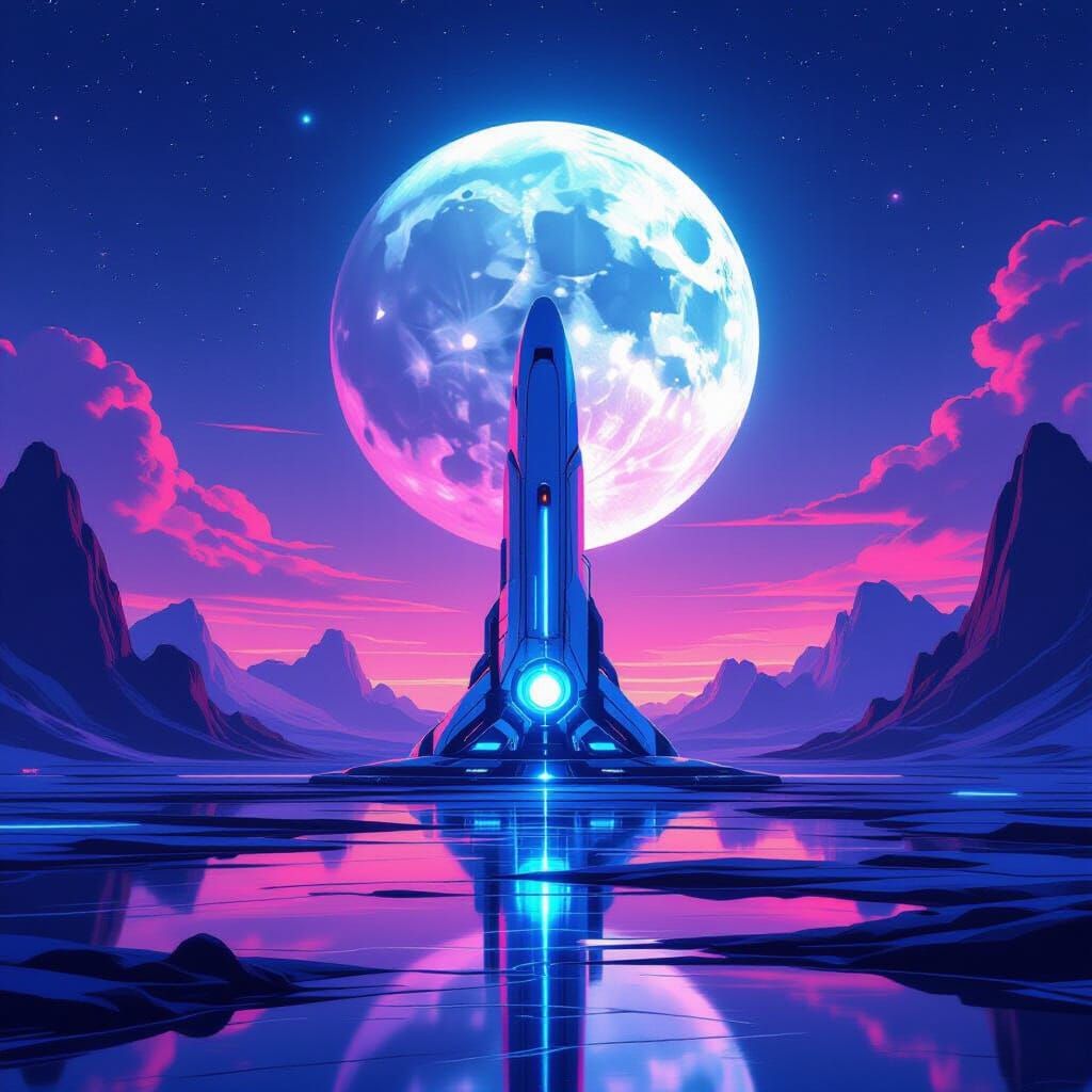 Futuristic Moon Artifact in Neon-Lit Sky