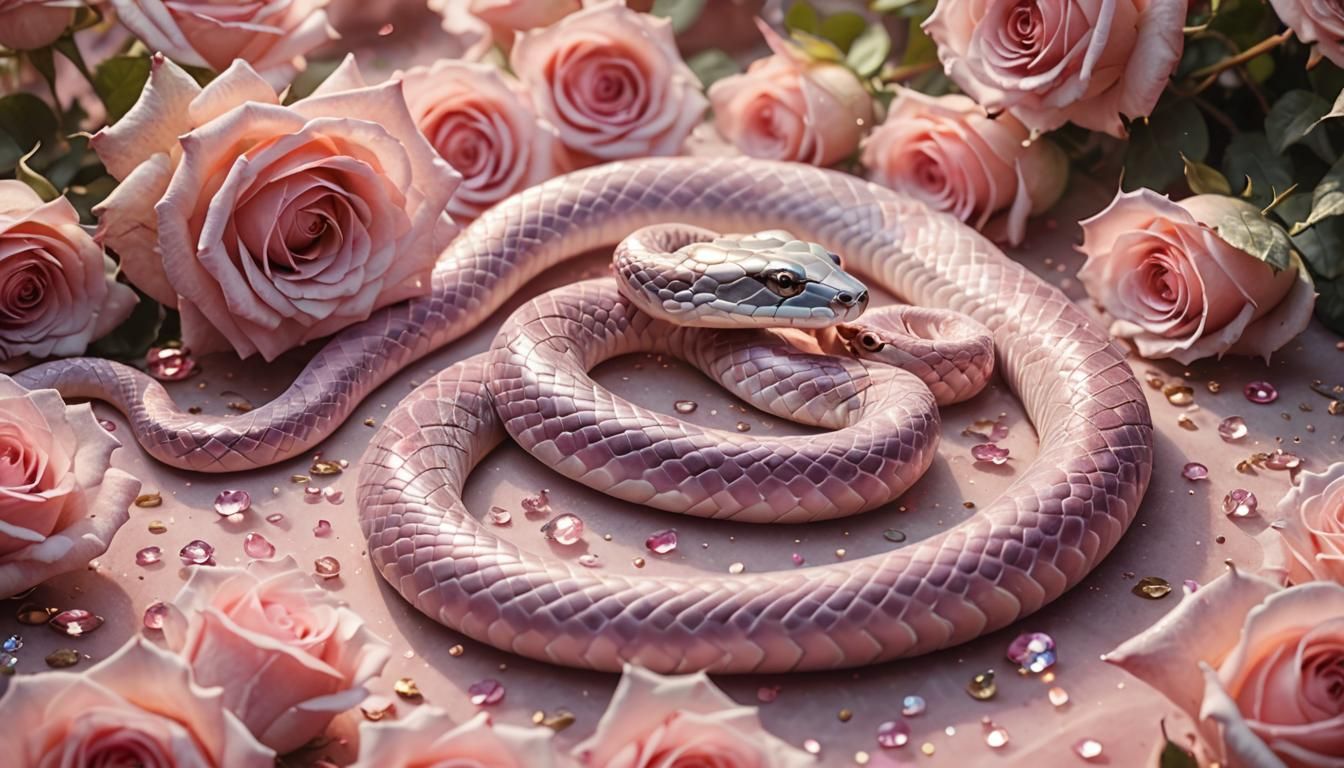 Ethereal Pink Snake Among Roses in Soft Light