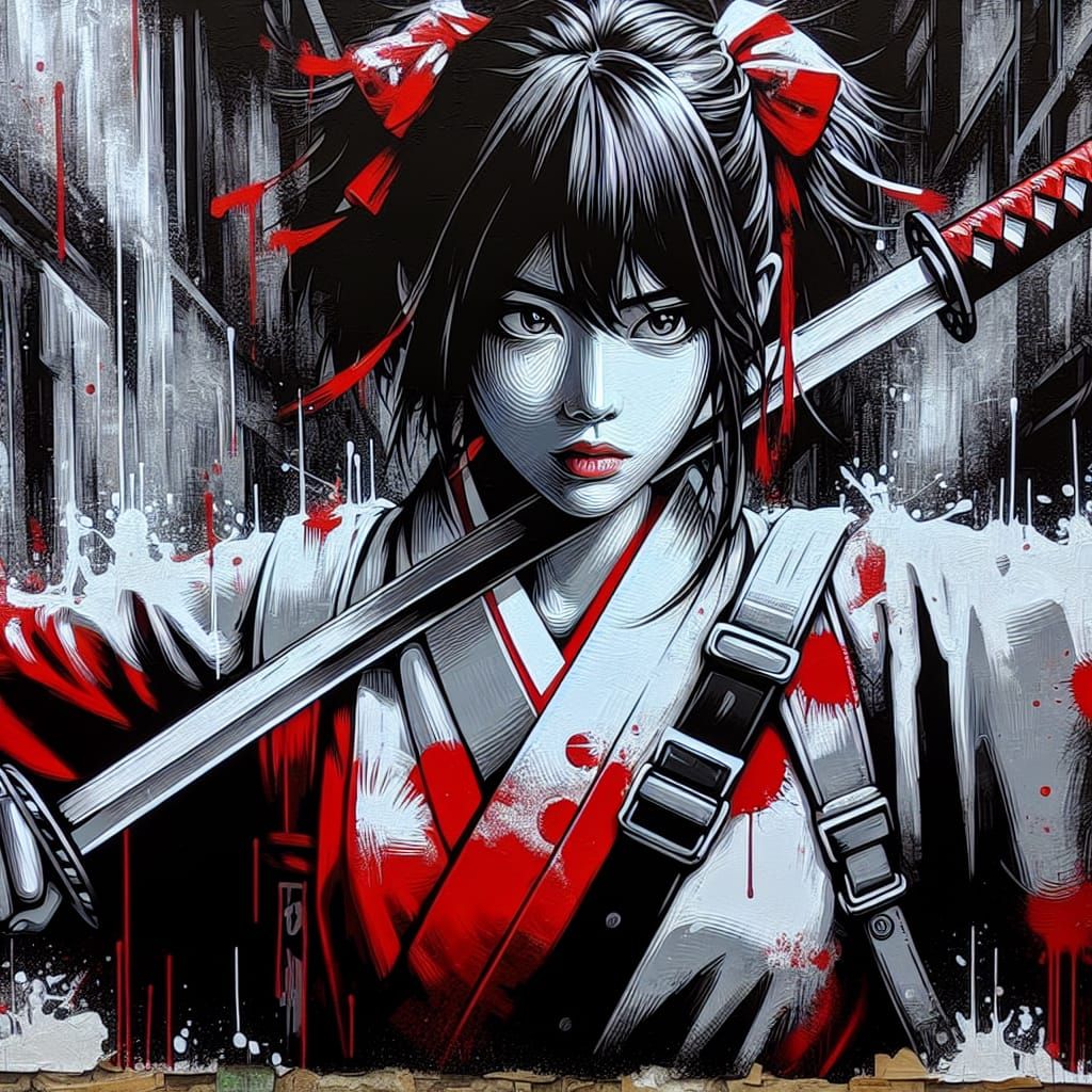 Japanese Girl with Katana in Trash Polka Style