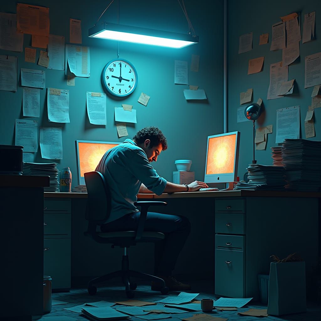 Oppressive Late Night Office Scene as Dystopian Concept Art
