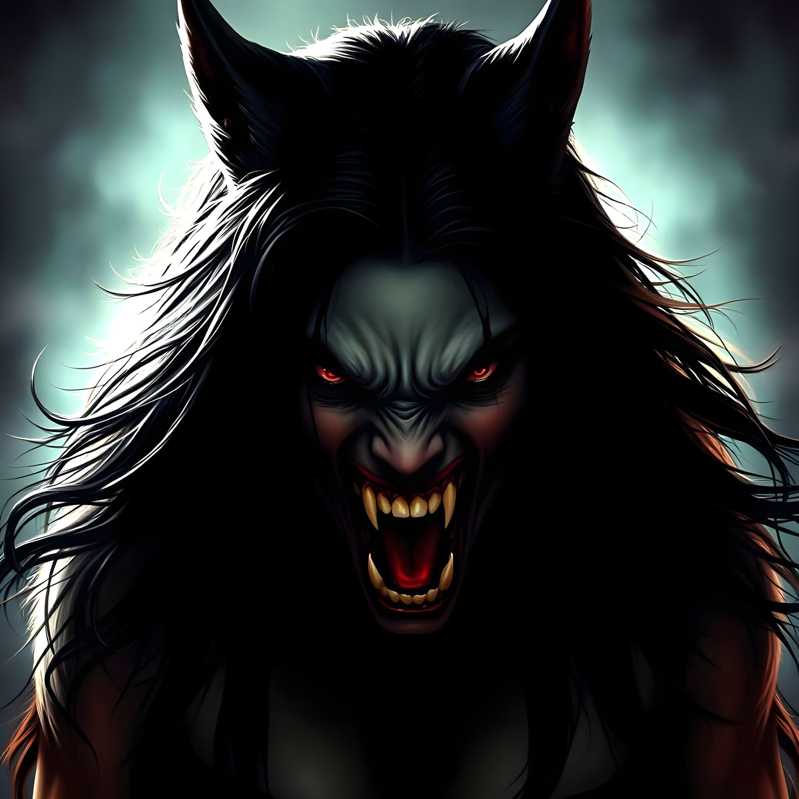 Dark Female Figure with Wolfish Features Growls in Malice