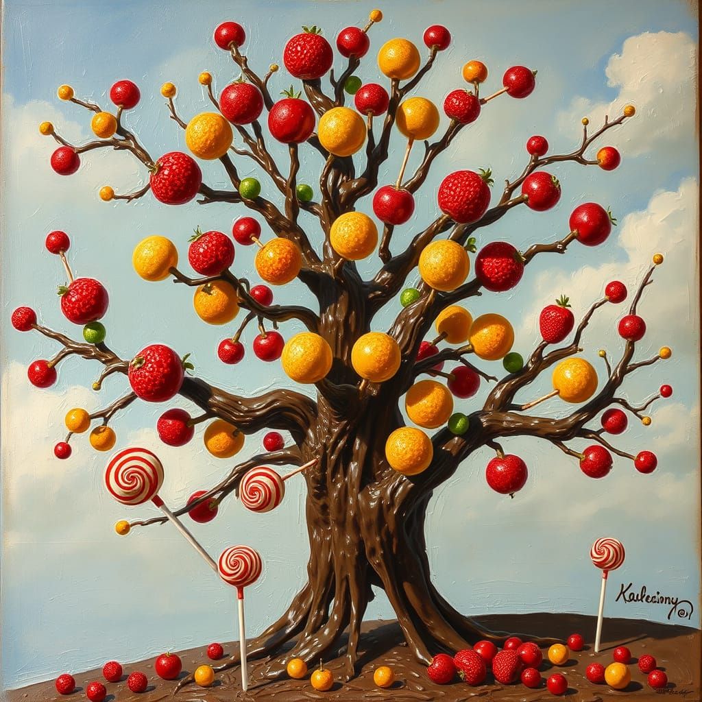 Chocolate Tree in Whimsical Oil Painting Style