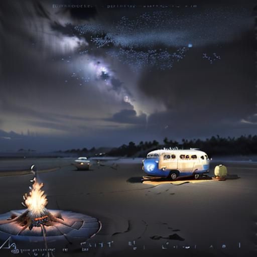 Girl Camping on VW Bus Under Starry Sky