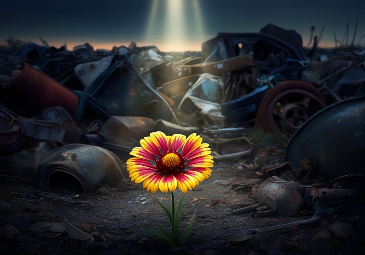 Single Flower Blooms in Junkyard at Dusk