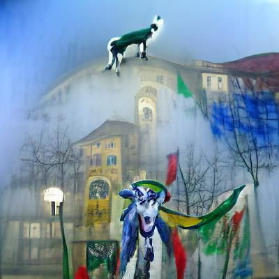 Foggy Piazza: Goat on Stilts in Surreal Style