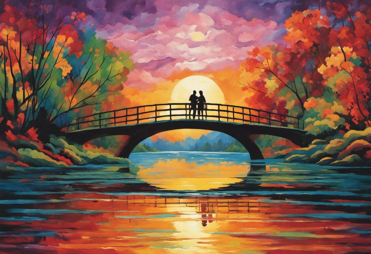 a bridge to nowhere, Symbolic artwork depicting two people building a bridge across a raging river, representing connect...