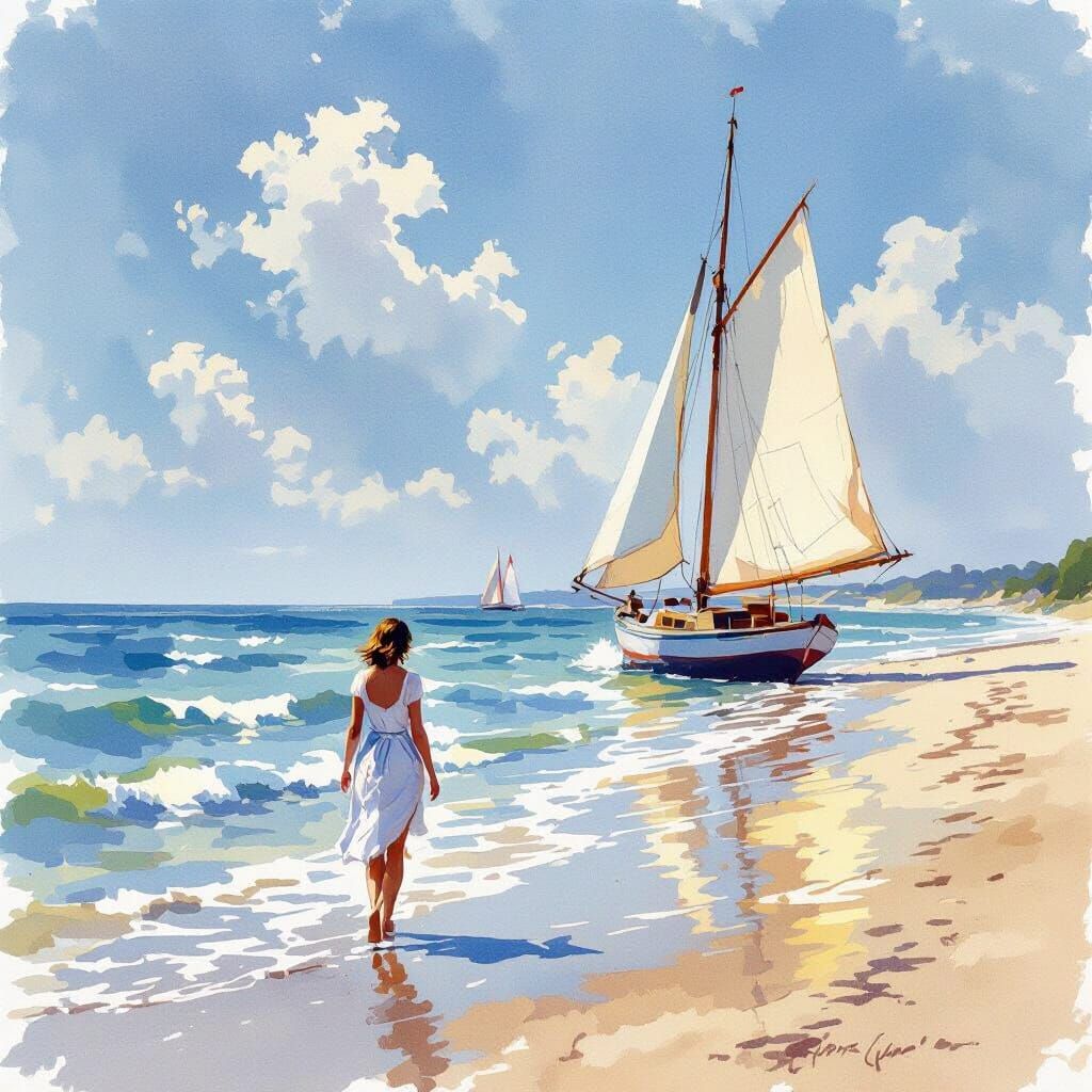 Watercolor Seascape of Summer Morning Seashore