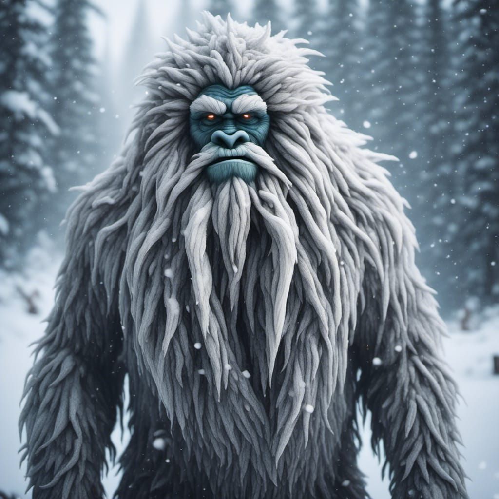 Hairy Yeti Portrait in a Snowstorm
