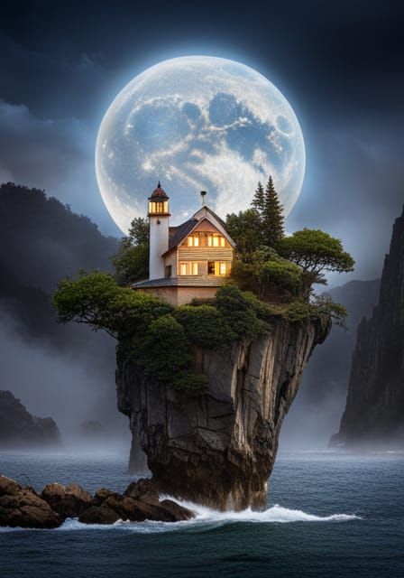 Clockpunk Bonsai Village Under Starry Moon