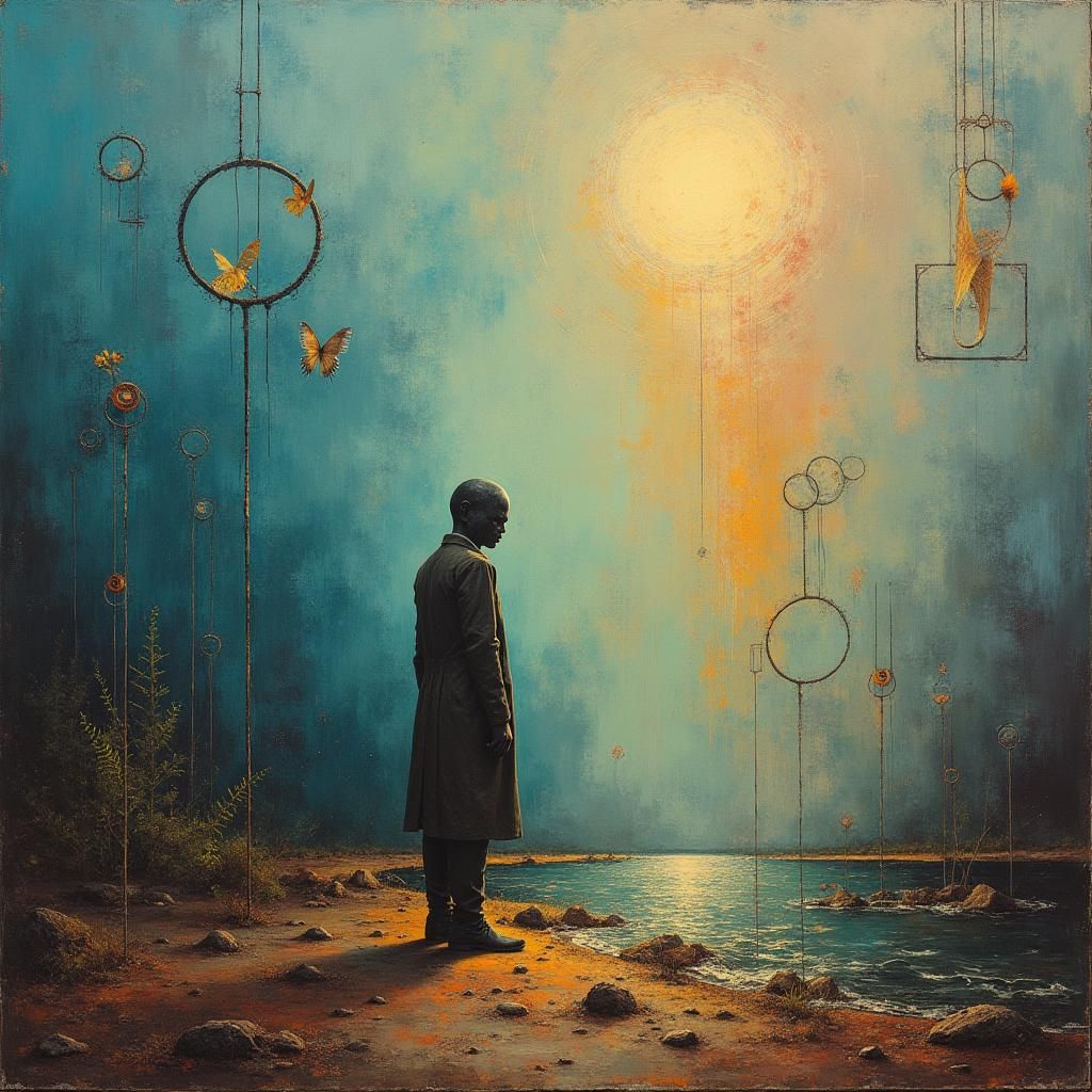 Humanity Contemplates Existence in Surrealist Landscape