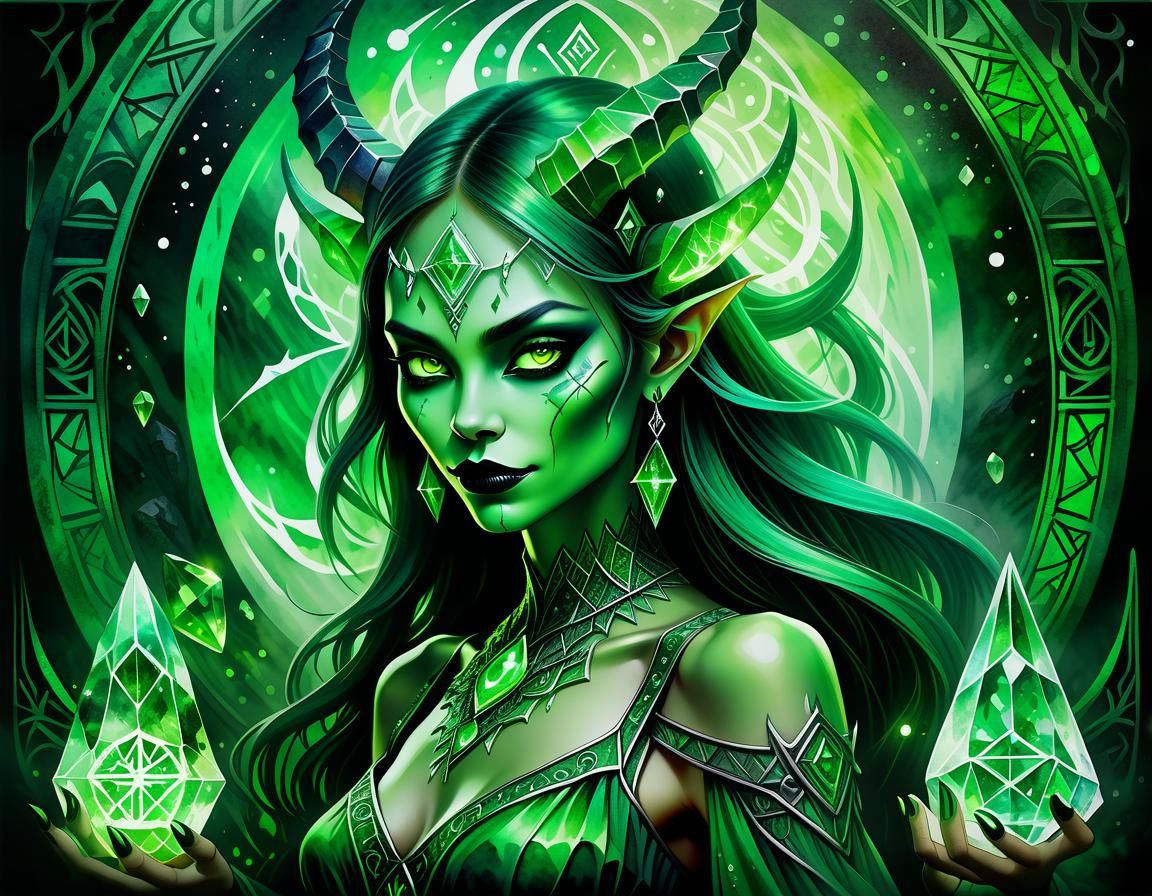Green Energy Gothic Demoness in Watercolor Style