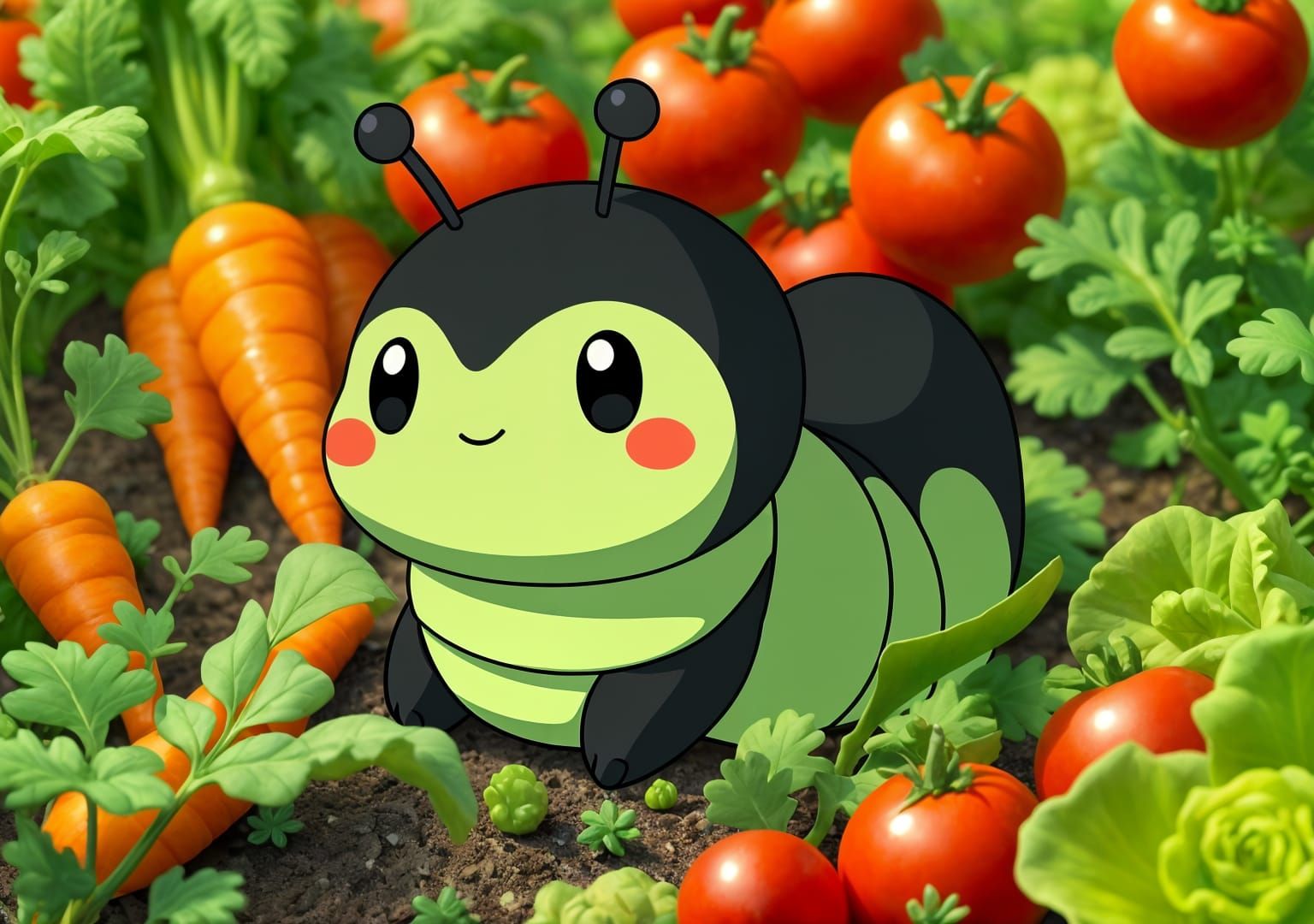 Adorable Caterpillar Pokémon Mascot in Vegetable Garden