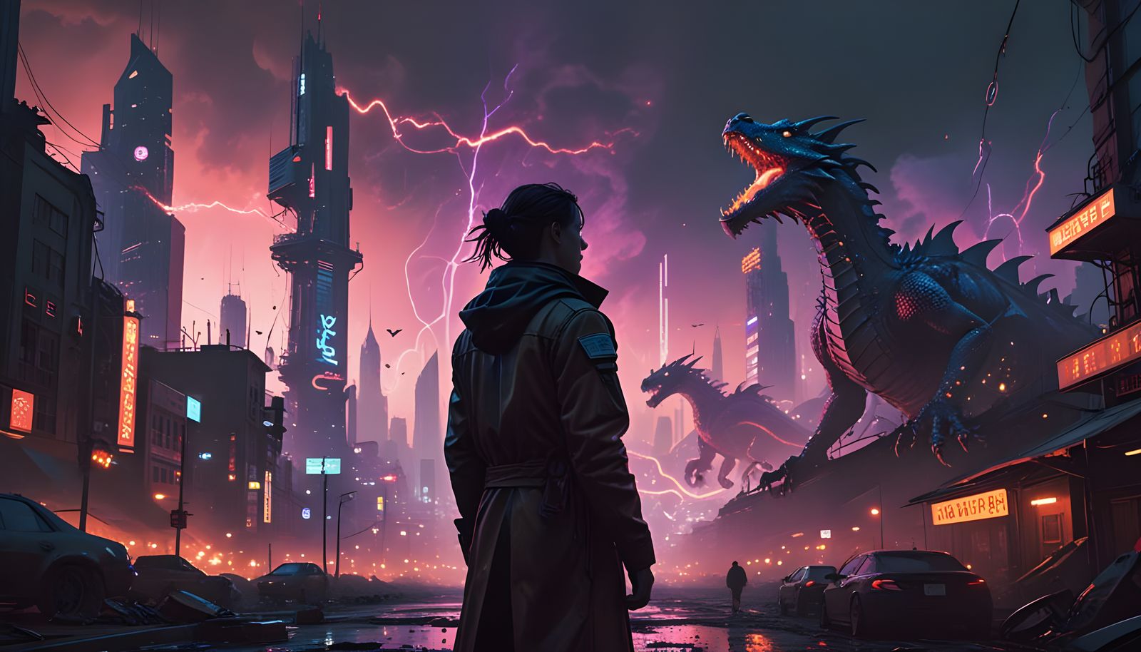 Cyberpunk Dragons Circling in the Sky