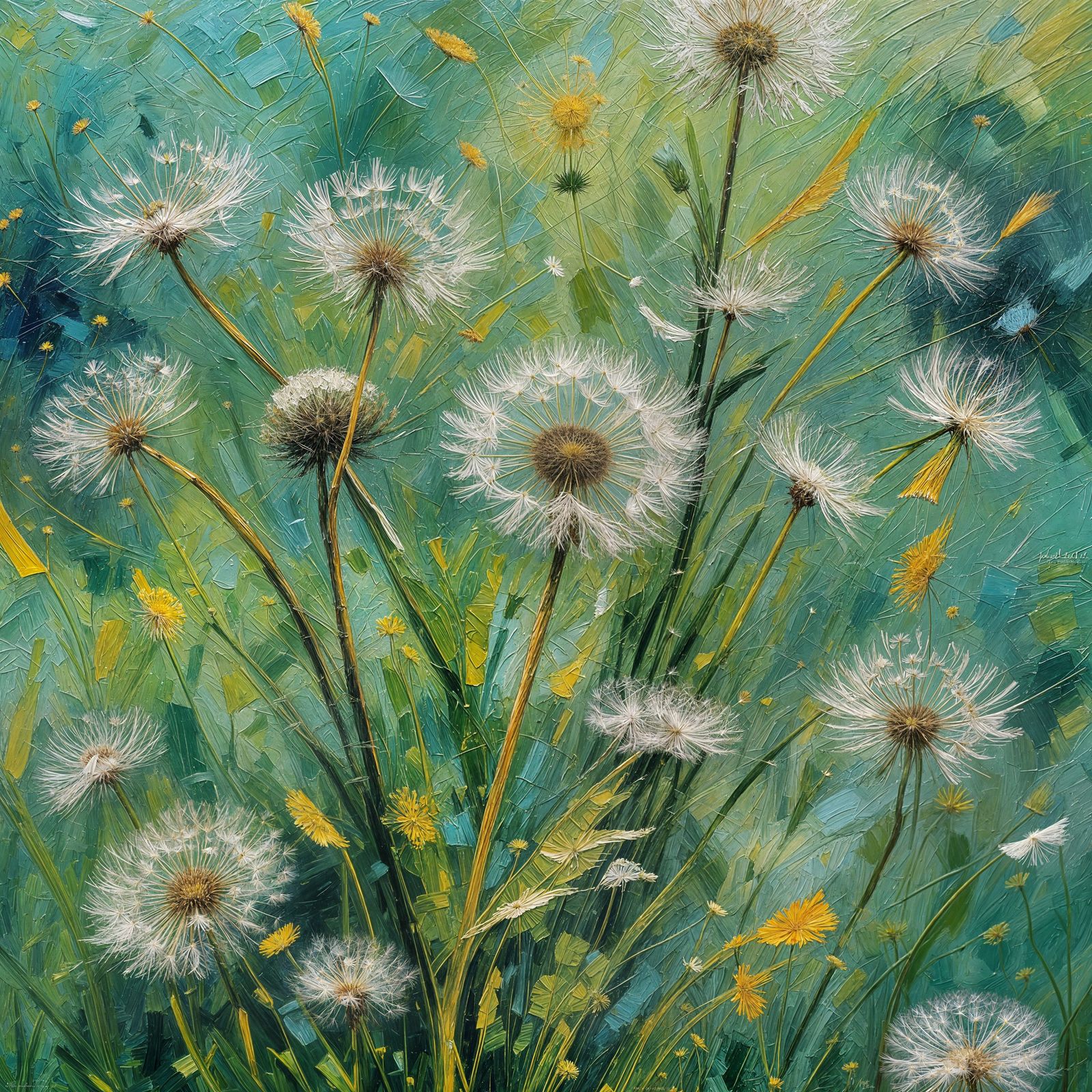 Dandelion Seeds in Wind as Impasto Painting