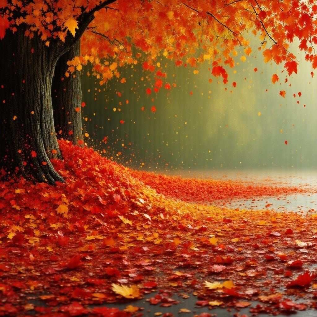 Vibrant Autumn Leaves Pile in Ethereal Mist