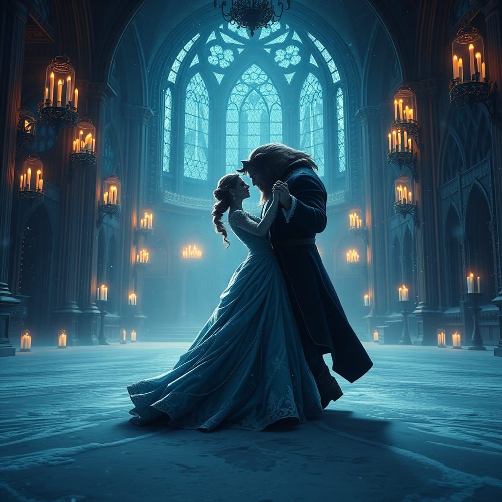 Belle Dances with the Beast in an Enchanted Snowy Ballroom