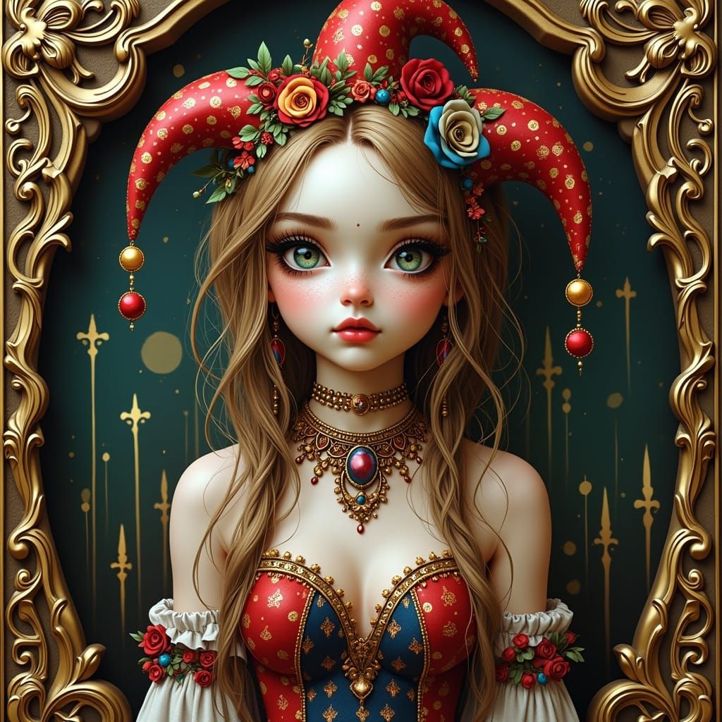 Whimsical Harlequin Girl in Art Nouveau Style