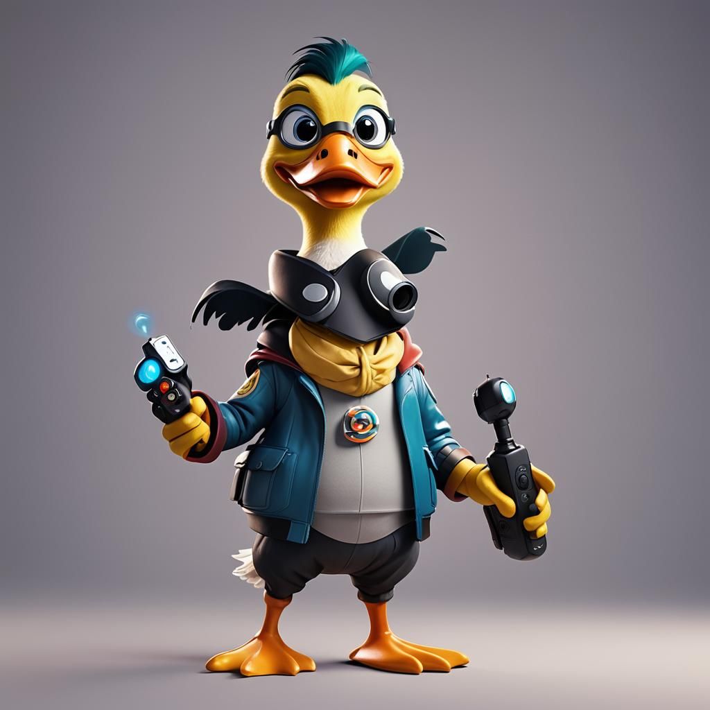 A cartoon duck dressed in super-hero clothes and holding a remote control Pixar, Disney, concept art, 3d digital art, Ma...