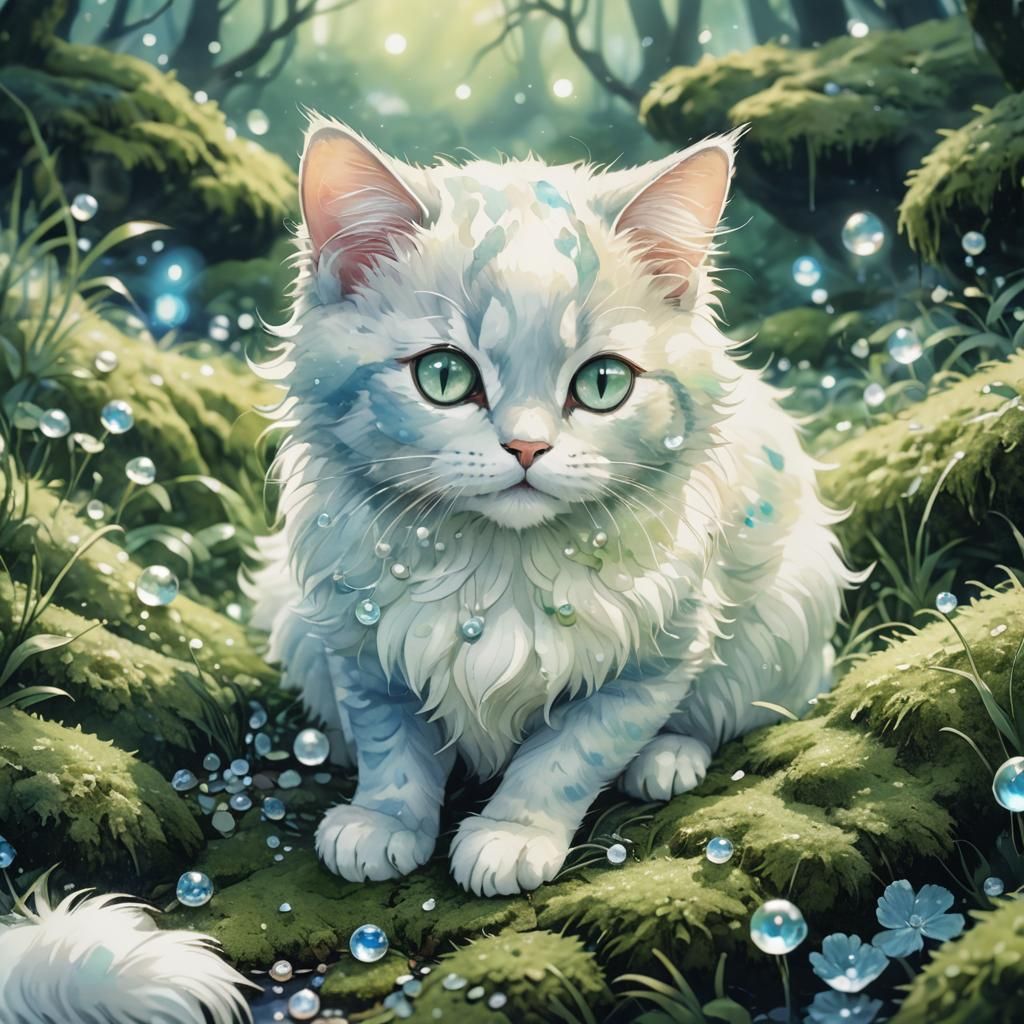 Translucent Pearl Cat in Anime Art Style