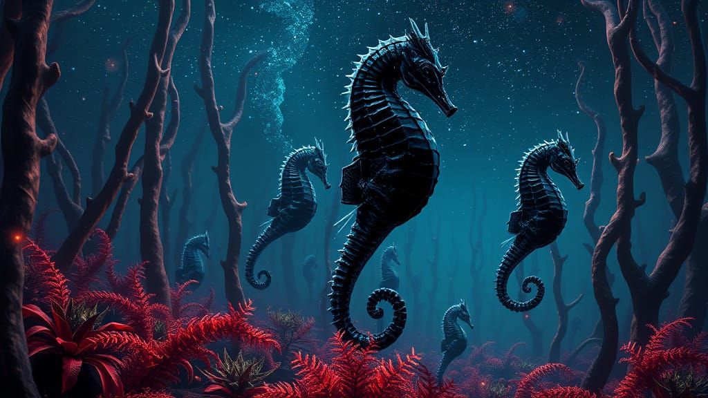 Bioluminescent Alien Seahorses in a Futuristic Style