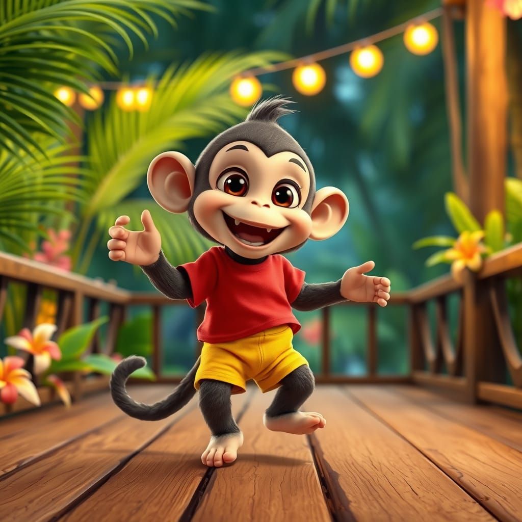 Joyful 3D Cartoon Monkey Dancing in Tropical Jungle