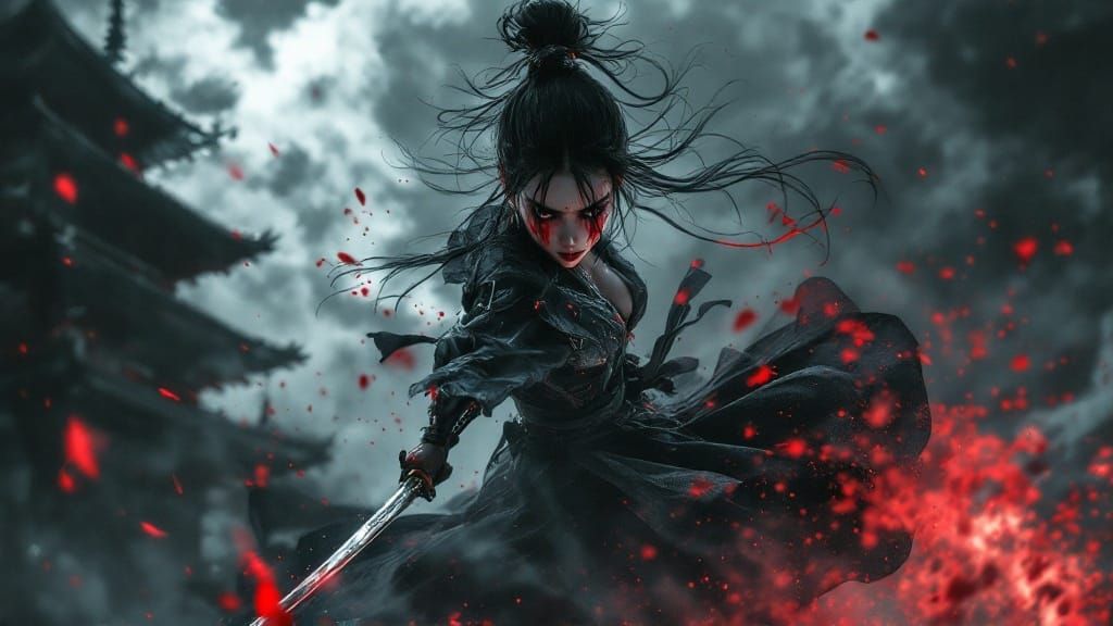 Ethereal Female Samurai in Mid-Air, Against a Dramatic Pagod...