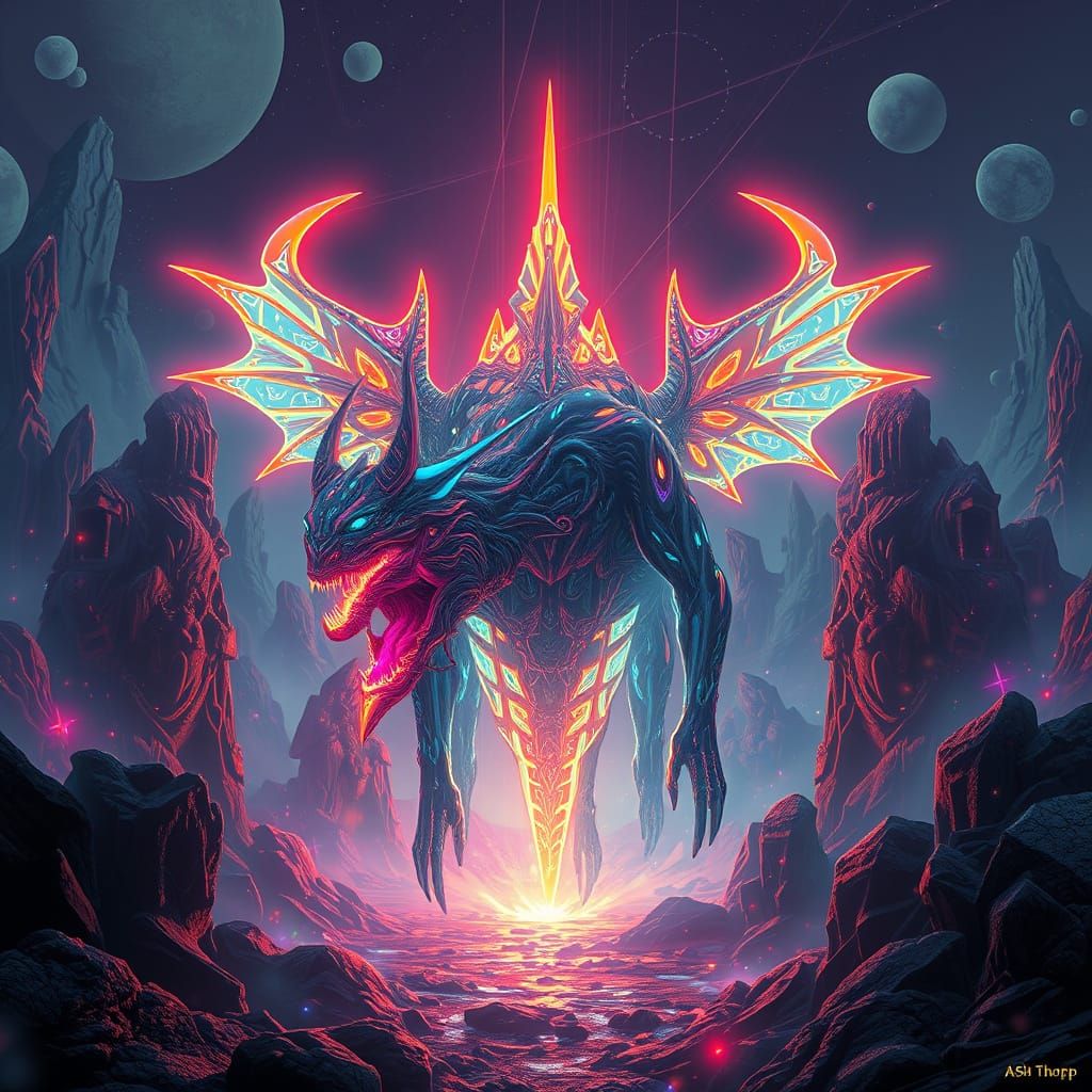 Holographic Creature in a Neon Cyberpunk Dreamscape