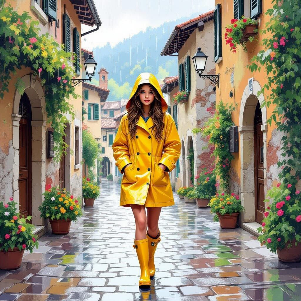 Italian Girl in Yellow Raincoat: Digital Painting