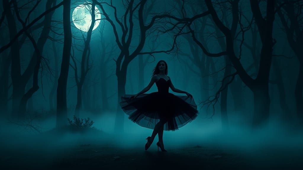 Ballerina in Midnight Forest, in Mystical Landscape Style