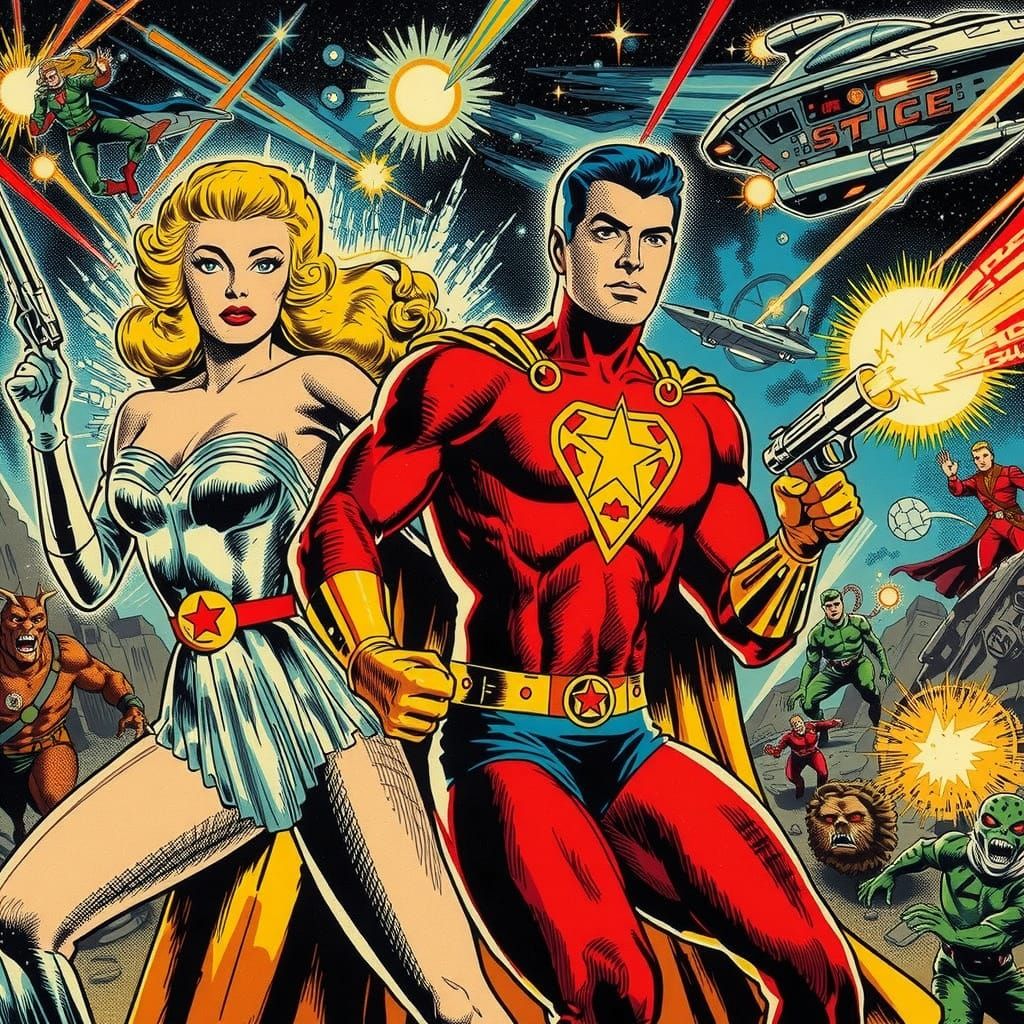 Golden Age Superhero Duo Battle Alien Invaders