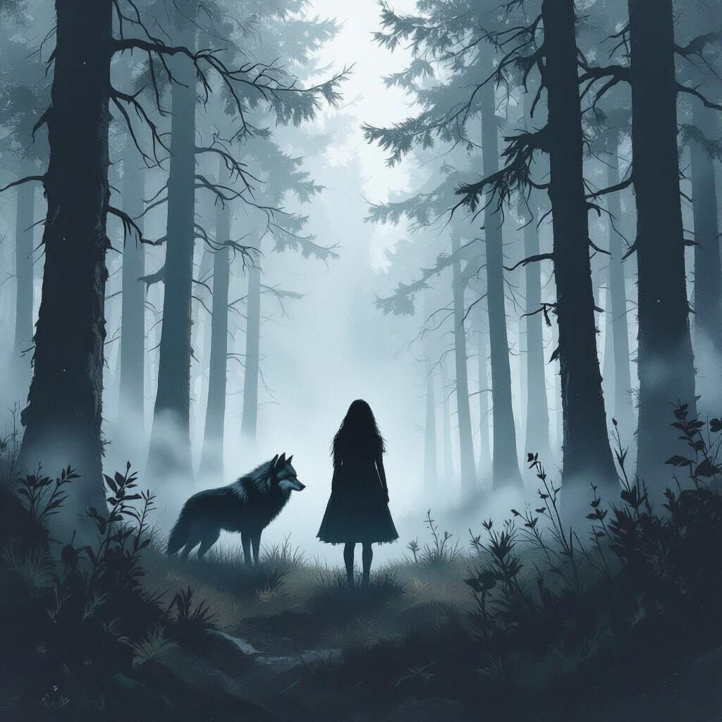 Mystical Girl and Wolf in Misty Forest