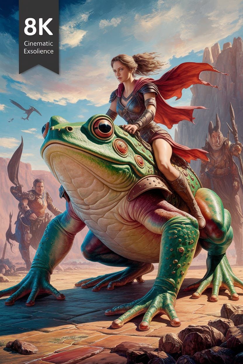 Warrior Woman Rides Armored Frog: Oil Painting