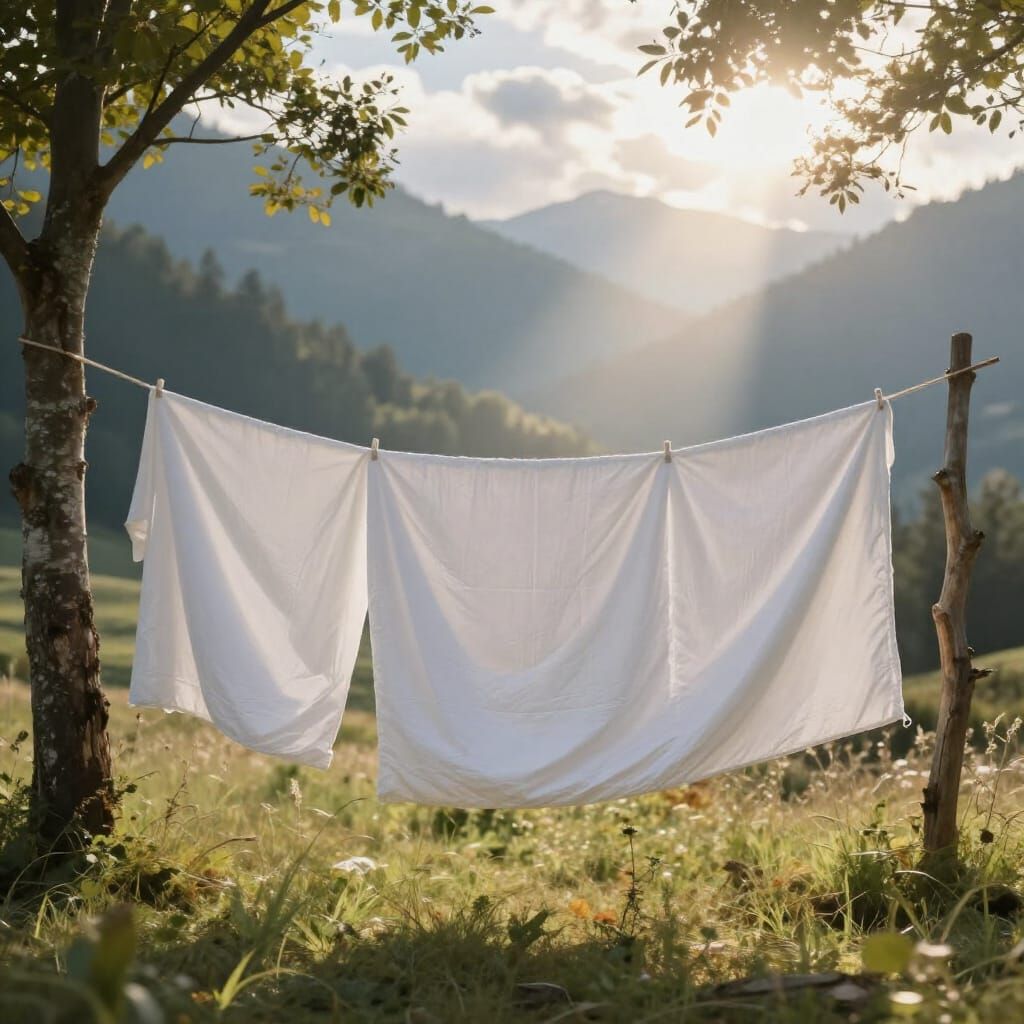 Sunlit Mountain Cabin Sheets Drying in Painterly Style