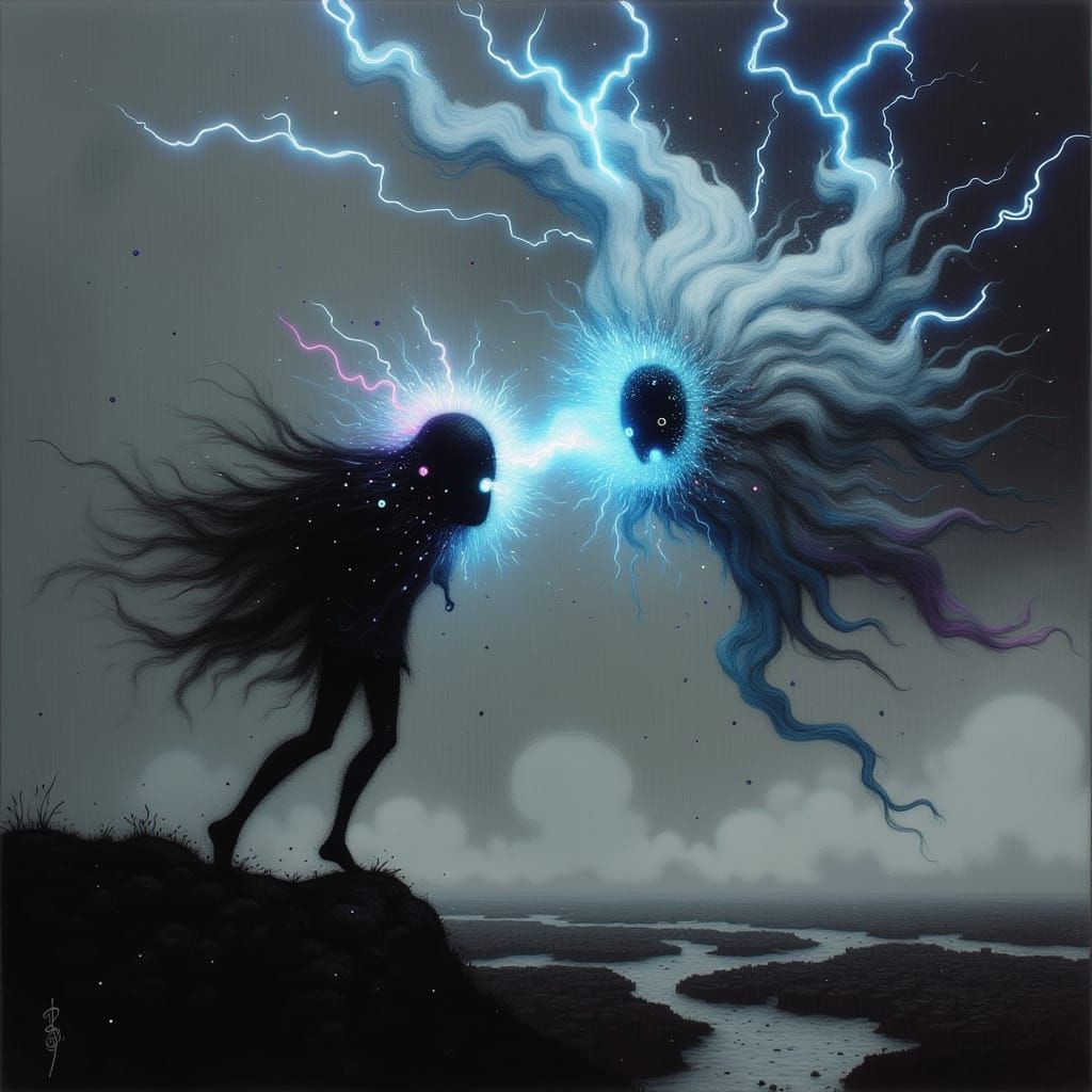 Epic Dark Fantasy Sky Elemental Clash in Turbulent Weather