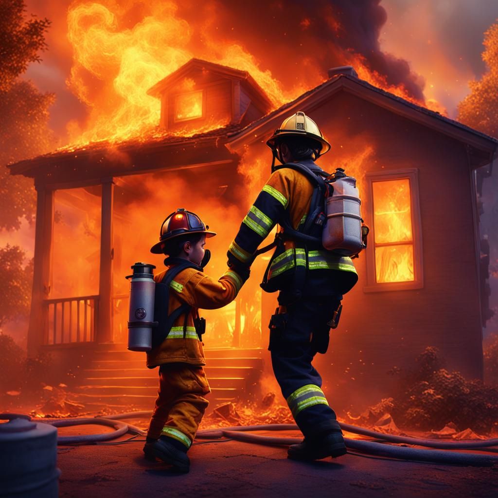 Firefighter Rescuing Boy from Burning Building