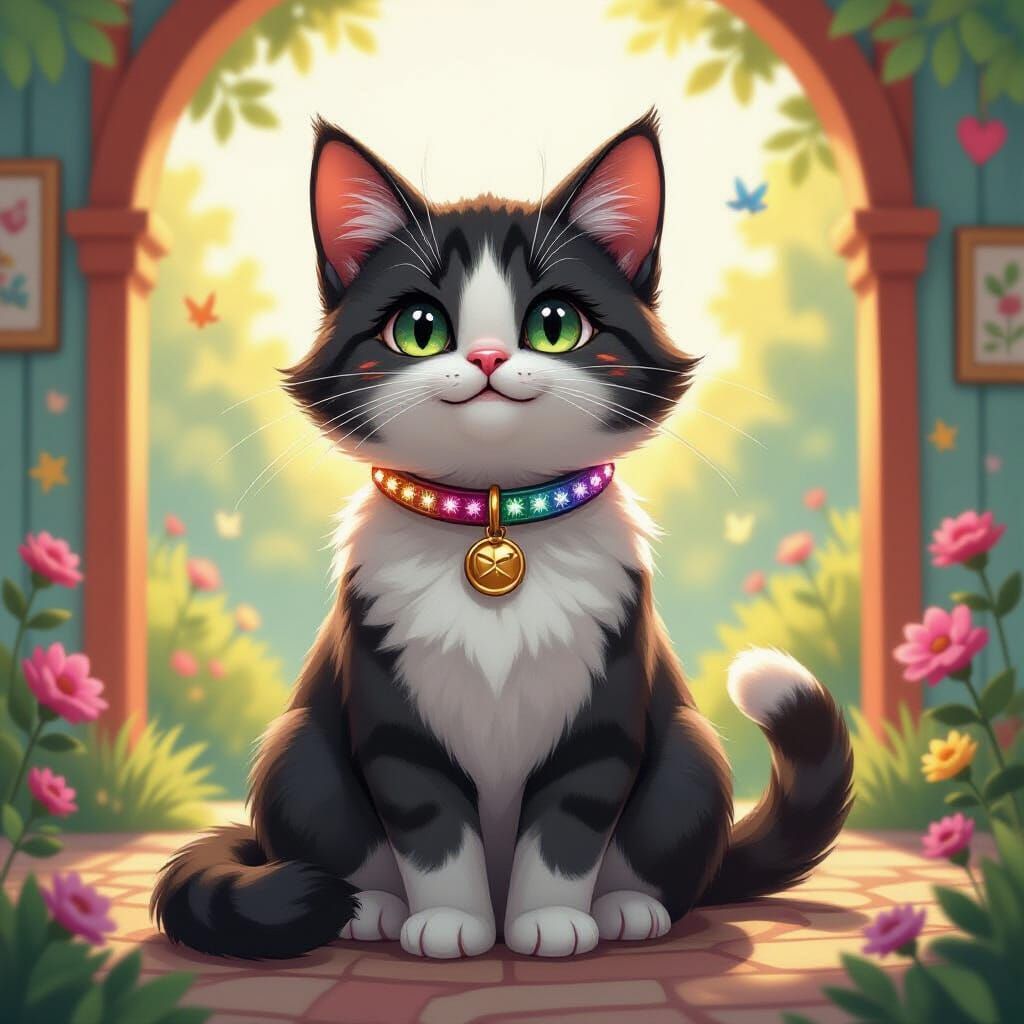 Sparkly Collared Giant Cat in Whimsical Digital Art