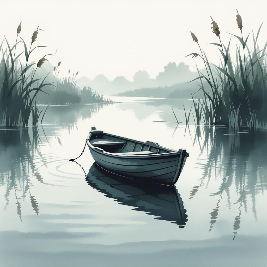 Nostalgic Toy Boat on Misty Pond in Ink Wash Style