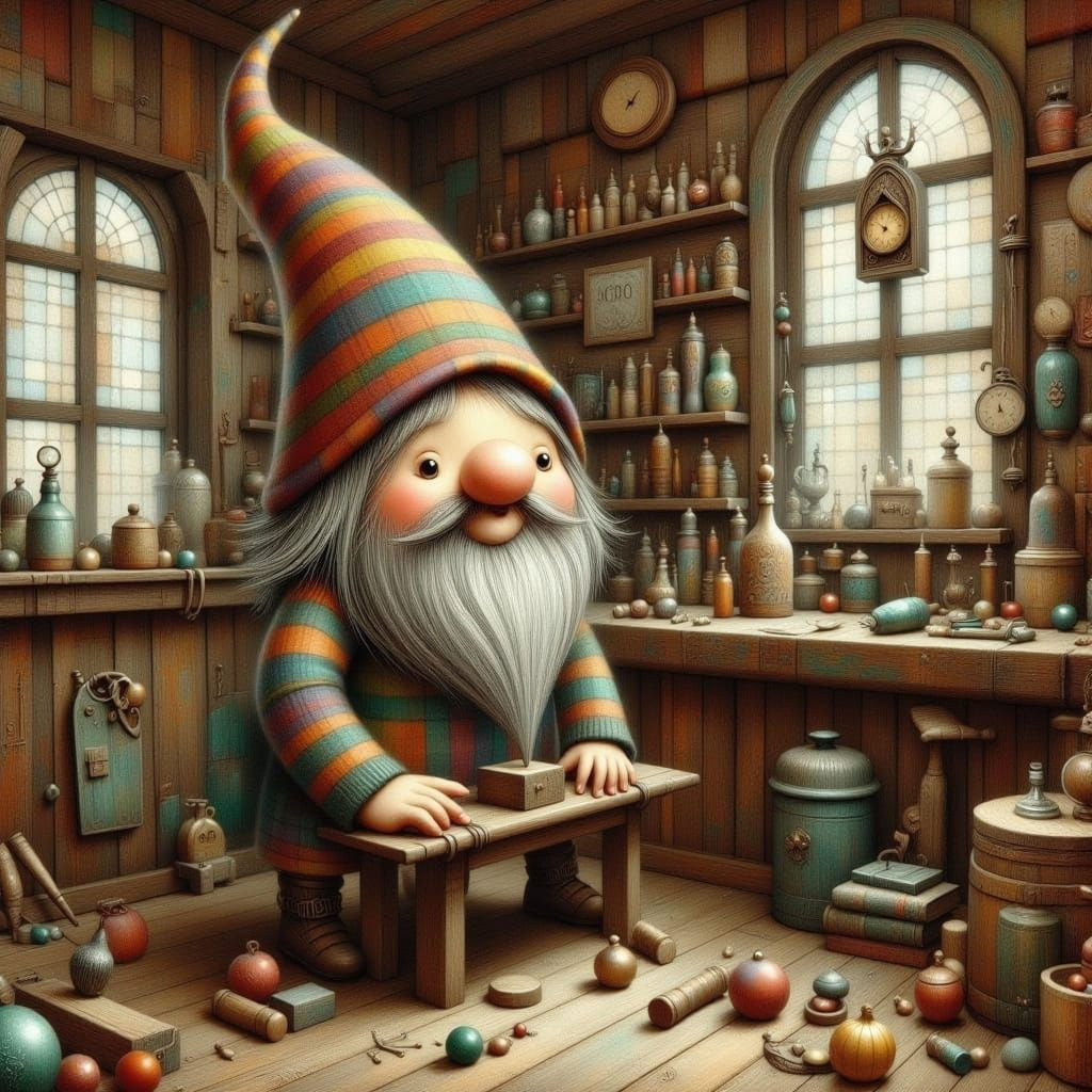 Gnome Clockmaker in Cozy Shop, Storybook Whimsy Style