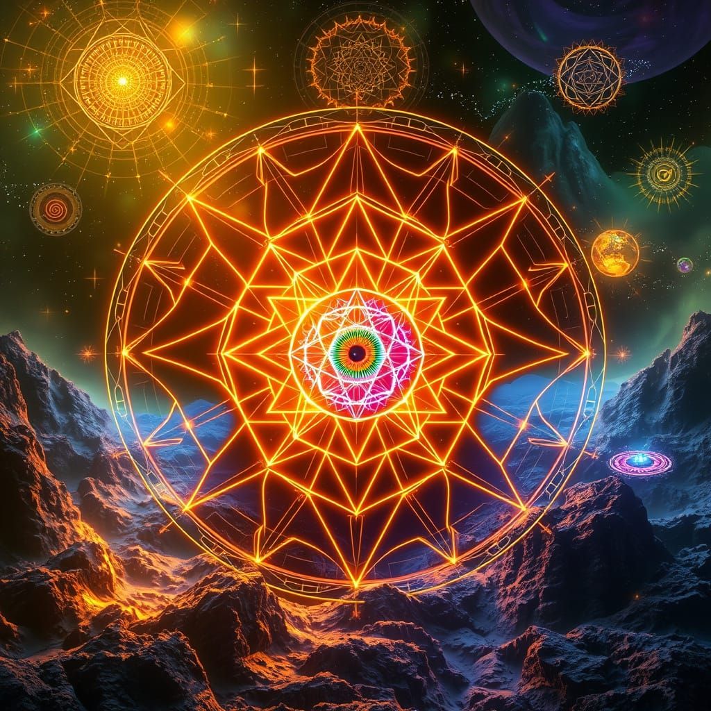 Bioluminescent Sacred Geometry Landscape with Fractal Light