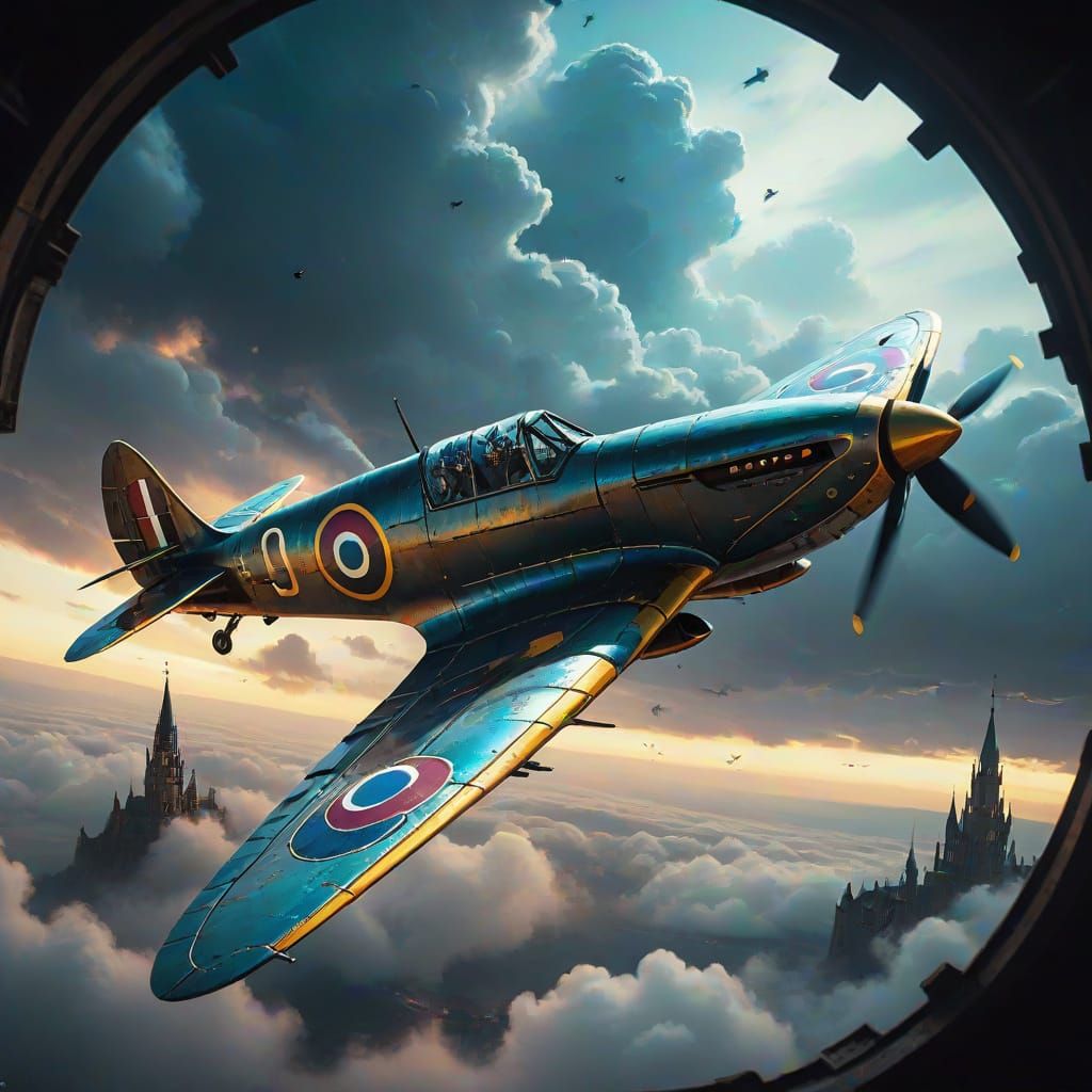 Gothic Spitfire Flies Through Nebula Sky Over Clockwork Worl...