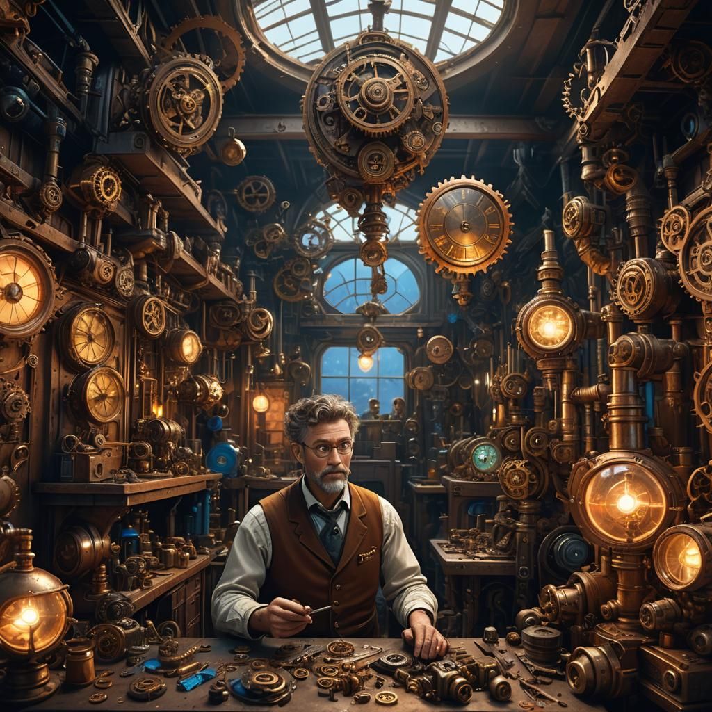 Steampunk Inventor in Workshop Concept Art