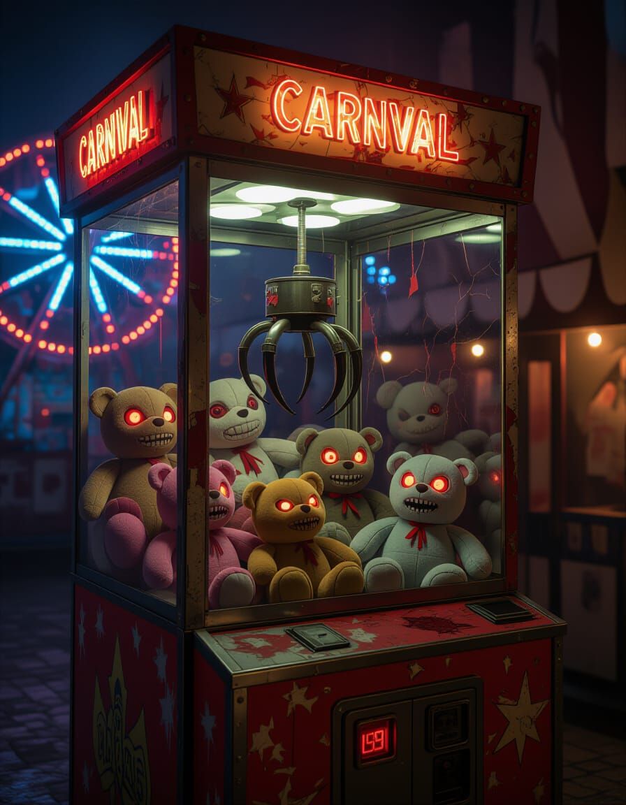 Ominous Carnival Claw Machine with Sinister Creatures