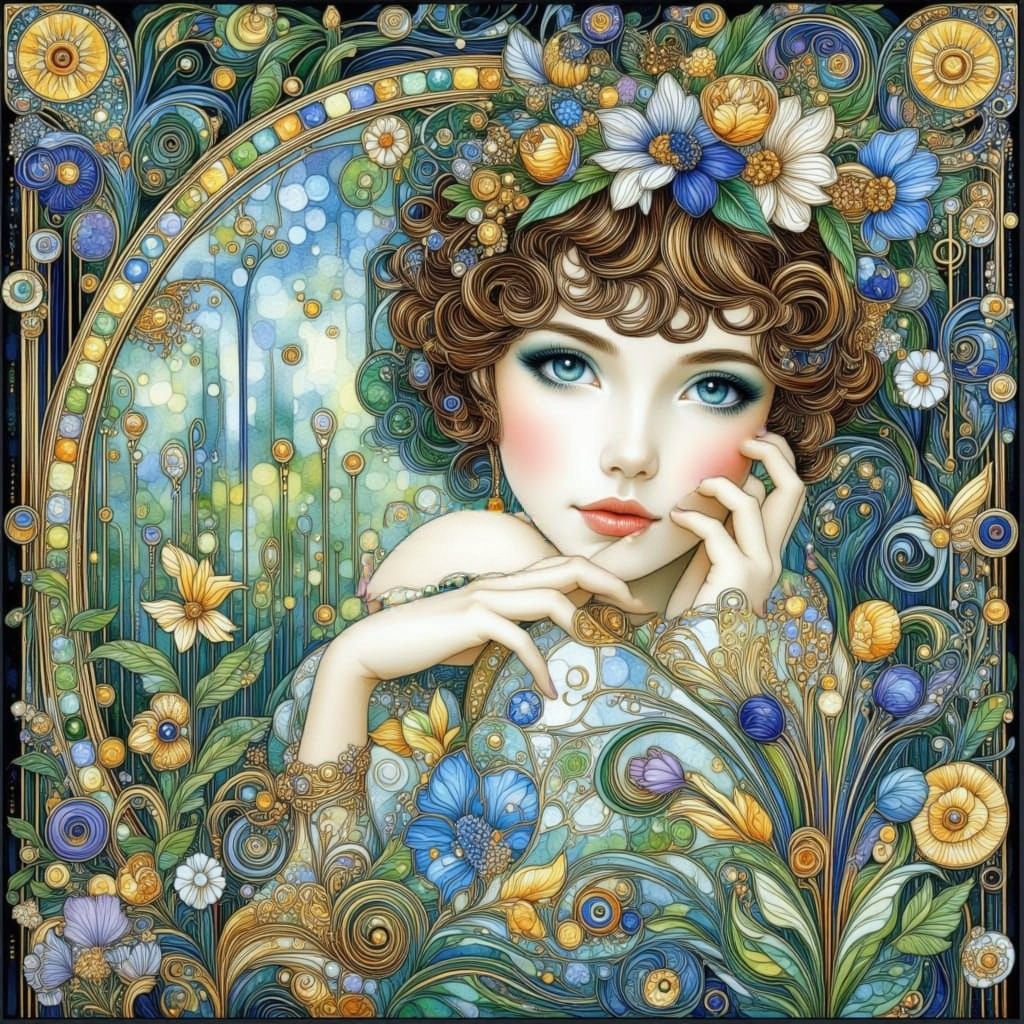 Art Nouveau Child Embraces Spring in Klimt Style