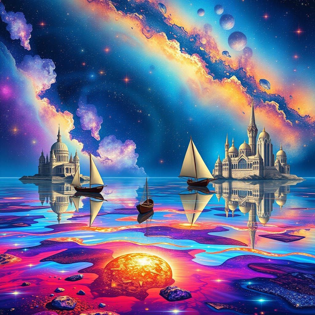 Vibrant Cosmic Lake with Majestic Castles and Twinkling Crys...
