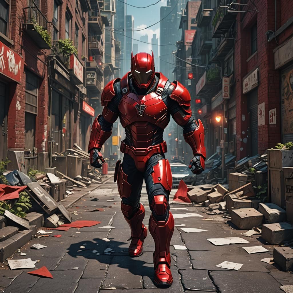 Red Armored Superhero in Comics Style