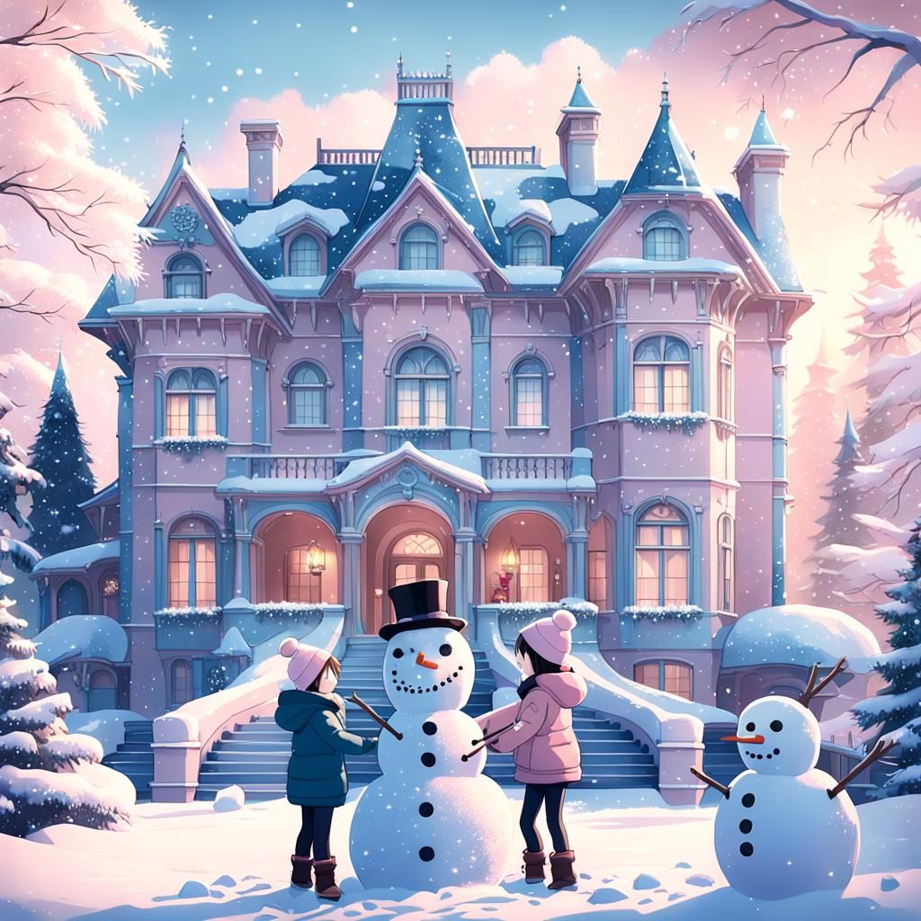 Kids Building Snowman: Cinematic 3D Anime Art