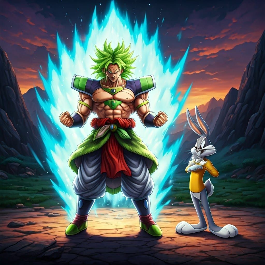 Broly vs Bugs Bunny in Fantasy Landscape