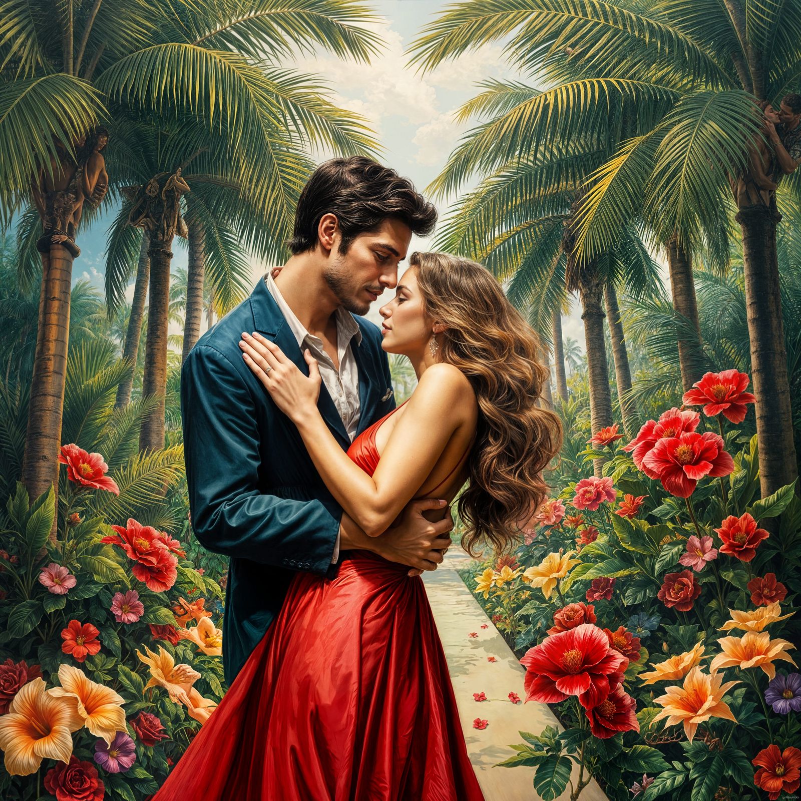 1980s Romance Cover: Man and Woman Embrace in Lush Garden