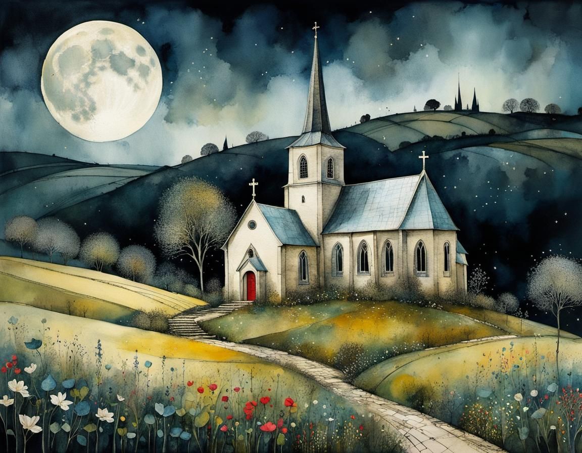 Magical Church and Garden in Scandinavian Folk Art