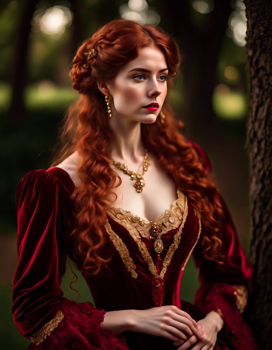 Victorian Woman in Red Velvet Dress Portrait